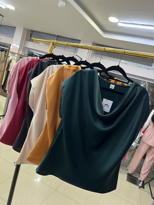 Satin Short Sleeves Cowl Neckline  Tops